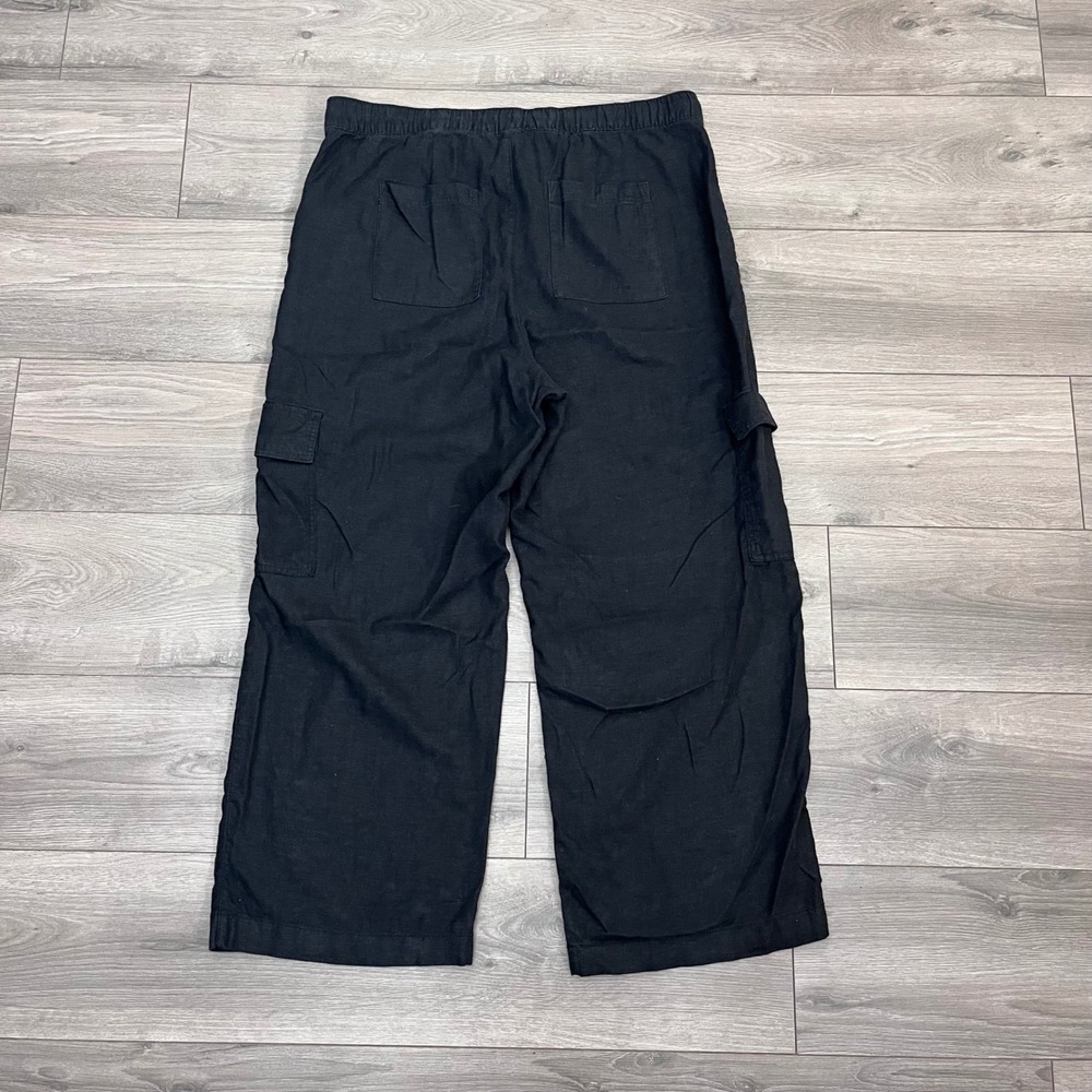 Gap Black Linen Blend Wide Leg Cargo Pants XL Elastic Waist Drawstring Pocket